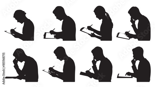 Silhouette of woman using digital tablet in various poses with minimalist style in black and white for graphic design