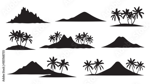 Tropical Island Silhouettes with Palm Trees in Minimalist Style with Black and White Color Scheme on White Background for Travel Brochure