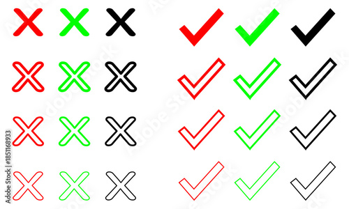 Collection of red, green and black checkmark and cross symbols showing various styles for selection and rejection choices