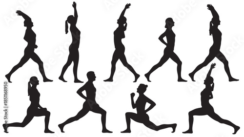 Silhouette of Exercises: A dynamic series of silhouettes showcases individuals in various exercise poses, demonstrating fitness, vitality, and the power of movement.
