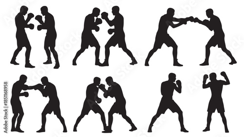 Boxing Silhouette in Action: Dynamic silhouettes of two boxers locked in intense combat, showcasing powerful punches and strategic maneuvers, symbolizing strength and competitive spirit.