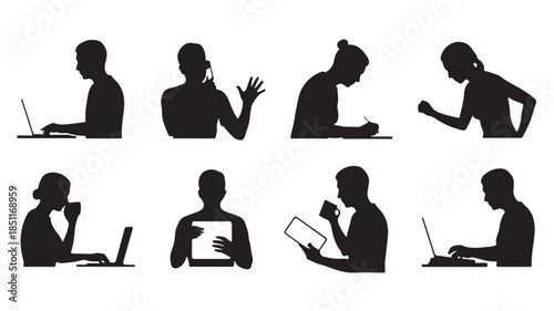 Silhouette of Everyday Activities: A collection of silhouette images captures a variety of activities people engaged in, encompassing both professional and personal pursuits.