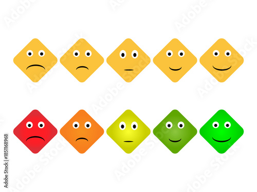 Set of ten satisfaction rating icons displayed as colorful diamond shapes ranging from very unhappy to very happy expressions