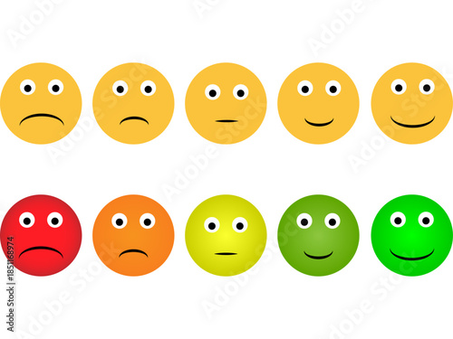 Ten colorful smiley face icons representing a spectrum of customer satisfaction ratings from very bad to excellent