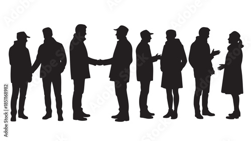 Silhouette of Connection: A collection of people engaged in various interactions, each figure stands in silhouette, forming a story of human relationships and collaboration.