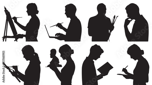 Female Artist Silhouettes in Various Creative Poses with Brushes and Canvases in Soft Black and White Illustration for Artistic Inspiration