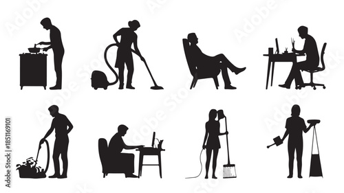 Daily Lifestyle Silhouette: An artistic silhouette captures individuals engaged in various everyday activities. From cooking to relaxation, work to cleaning, these simple images show routine of life.