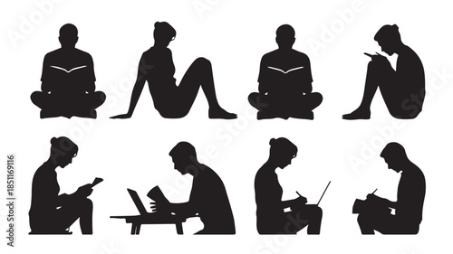 Silhouette Collection: Capturing Moments of Study and Contemplation. A study showcasing a series of black silhouette, depicting individuals engaged in the act of study, learning, and self-reflection.