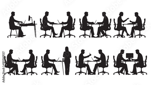 Business Meeting Silhouettes: A collection of various silhouette illustrations of business people, each engaged in different interactions and activities.