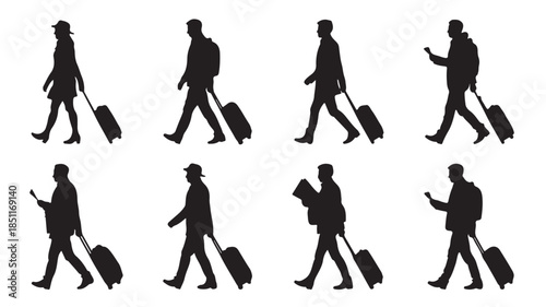 Journey in Silhouette: A compilation of travelers, depicted in elegant silhouettes, each gracefully pulling a suitcase as they embark on their individual adventures.