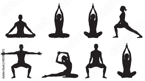 Serene Yoga Poses: Silhouette figures demonstrate a variety of yoga poses, capturing the essence of mindfulness, balance, and physical well-being. A visual guide for those seeking inner peace.