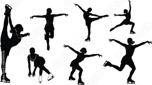 Mega Vector Collection of Black Silhouette Figures in Dynamic Action Poses, Featuring Figure Skating, Breakdance, Martial Arts, Hip Hop, Kicks, Jumps, and Sword Fighting Stances, Isolated on White.