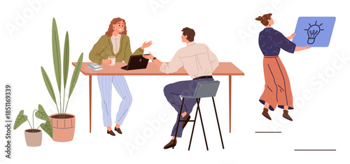 Two colleagues discuss plans at a desk with laptops and coffee, while another presents a bright idea on a board. Ideal for teamwork, brainstorming, collaboration, creativity, modern office