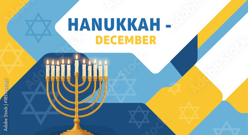 Hanukkah December Celebration with Menorah and Stars.