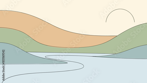 Minimalist Landscape with River and Hills.