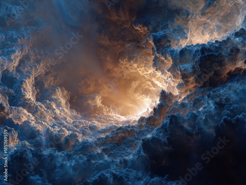 Dramatic swirling storm clouds illuminated by warm sunlight creating a powerful and dynamic sky scene with deep shadows and vibrant contrast