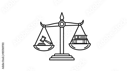 A balanced scale symbolizing justice, with a gavel and books on the plates. The image conveys the concepts of fairness, legal decisions, and the law.