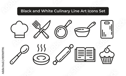 Black and White Culinary Line Art Icons Set