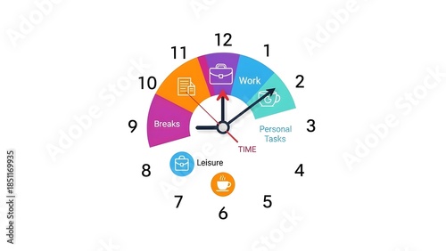 Time management concept visualized through a clock with activity sectors