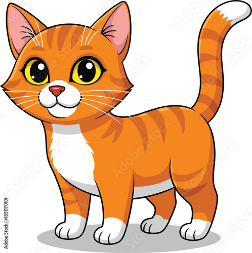 Vibrant and Detailed Vector Illustration of a Cute Standing Orange Tabby Cat with Bright Yellow Eyes and White Chest, Perfect for Children's Media and Pet Food Branding.