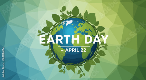 Earth Day Celebration with Globe and Green Leaves on a Geometric Background.