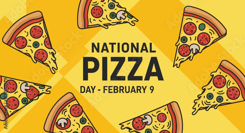 National Pizza Day Celebration with Delicious Slices on Yellow Background.