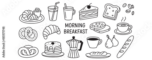 Delicious morning breakfast icons with food and drink items