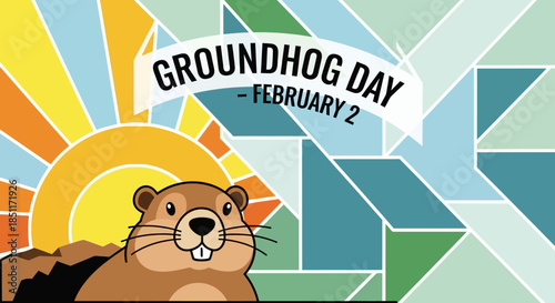 Groundhog Day February 2 Celebration with Cute Groundhog Emerging from Burrow.