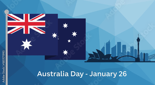 Australia Day January 26th Celebration with Flag and Cityscape.