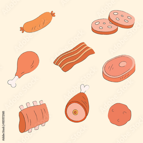 Fresh meat illustration doodle vector isolated cartoon clip art. Hand drawn of sausage, salami, ribs, ham, meatball, bacon for asset, promotion, book, design