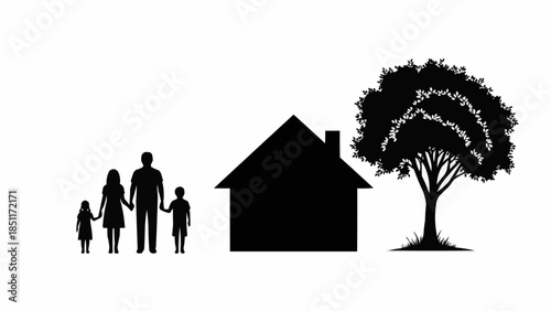 Family Home and Tree Silhouette Representing Life and Shelter.