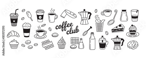 Coffee club themed icons and objects in minimalist line art style