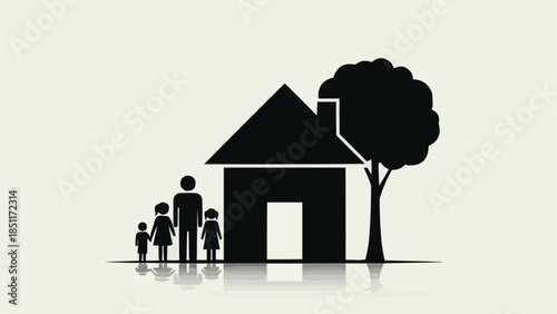 Silhouette of a Family in Front of a House with a Tree.