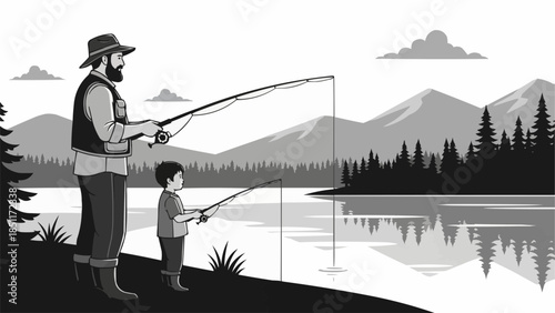 Father and son fishing together by the lake.