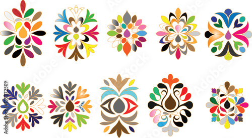 Colorful symmetrical floral patterns with vibrant petals and shapes