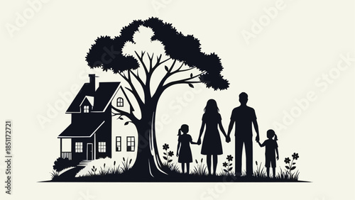 Silhouette of a happy family holding hands in front of a house and tree.