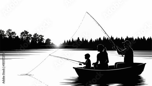 Family fishing together in a boat at sunrise silhouette.
