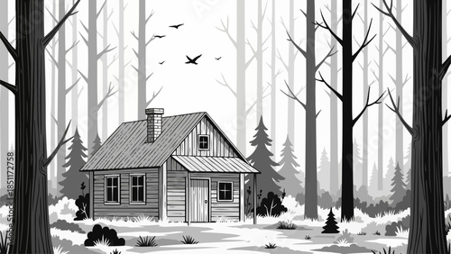 Rustic Wooden Cabin in a Dense Forest Setting.