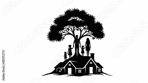 Family Tree Silhouette Growing From A House Symbolizing Home And Roots.