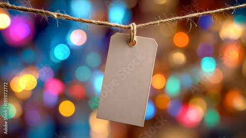 Blank vintage paper tag hanging on rustic twine string against colorful blurred festive lights background creating a vibrant bokeh effect