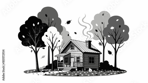 Cozy Wooden Cabin Surrounded by Autumn Trees.