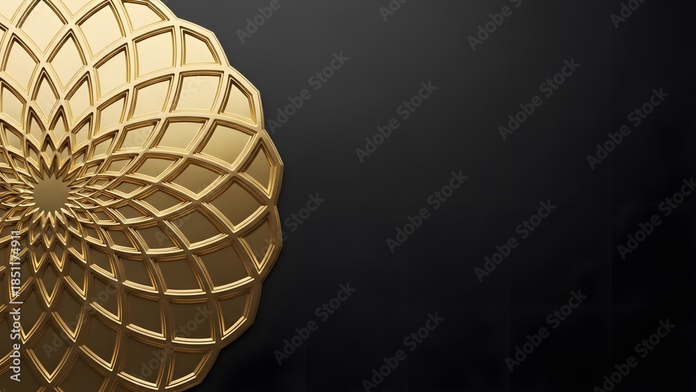 Obraz premium A golden circular islamic geometric pattern covers left side of a dark background offering elegant ornamental space