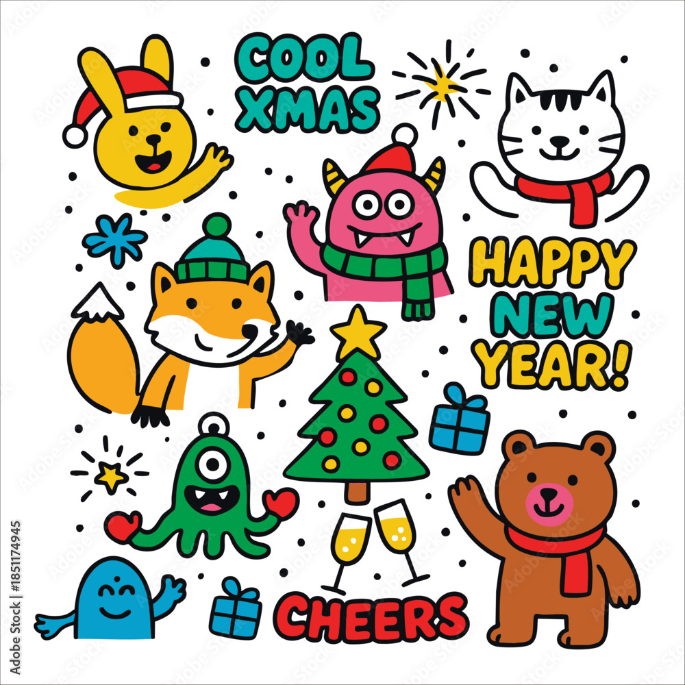Naklejka premium Cute Christmas and New Year Animal Stickers Vector Set