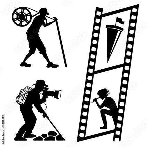 Film crew working on movie set with director and camera operators