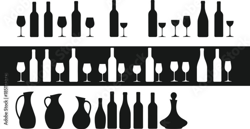 Vector Black Silhouette Icons Set of Premium Alcoholic Beverages, Diverse Glassware, Wine Bottles, Beer Mugs, and Decanters for Bar Menu Design.