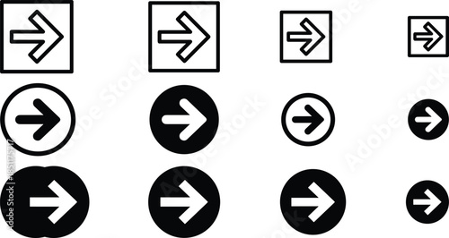 Black and white arrow icon set showing navigation buttons in multiple sizes and styles designs