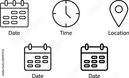 Minimal calendar date time location icons set for scheduling events planning reminders interface design