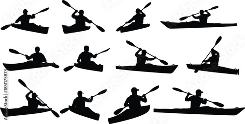 Black silhouettes of people kayaking and paddling on water, set of outdoor adventure sports icons, recreational rowing activities isolated on white background