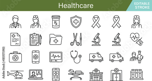 Healthcare icons set with medical professionals, equipment, ambulance, doctor, nurse, and hospital symbols for design