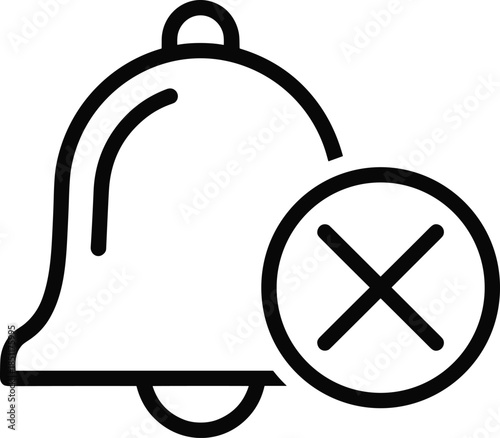 Notification bell icon with cancel cross symbol, cad drawing flat vector illustration for alert mute, silent mode, sound off and disabled notification